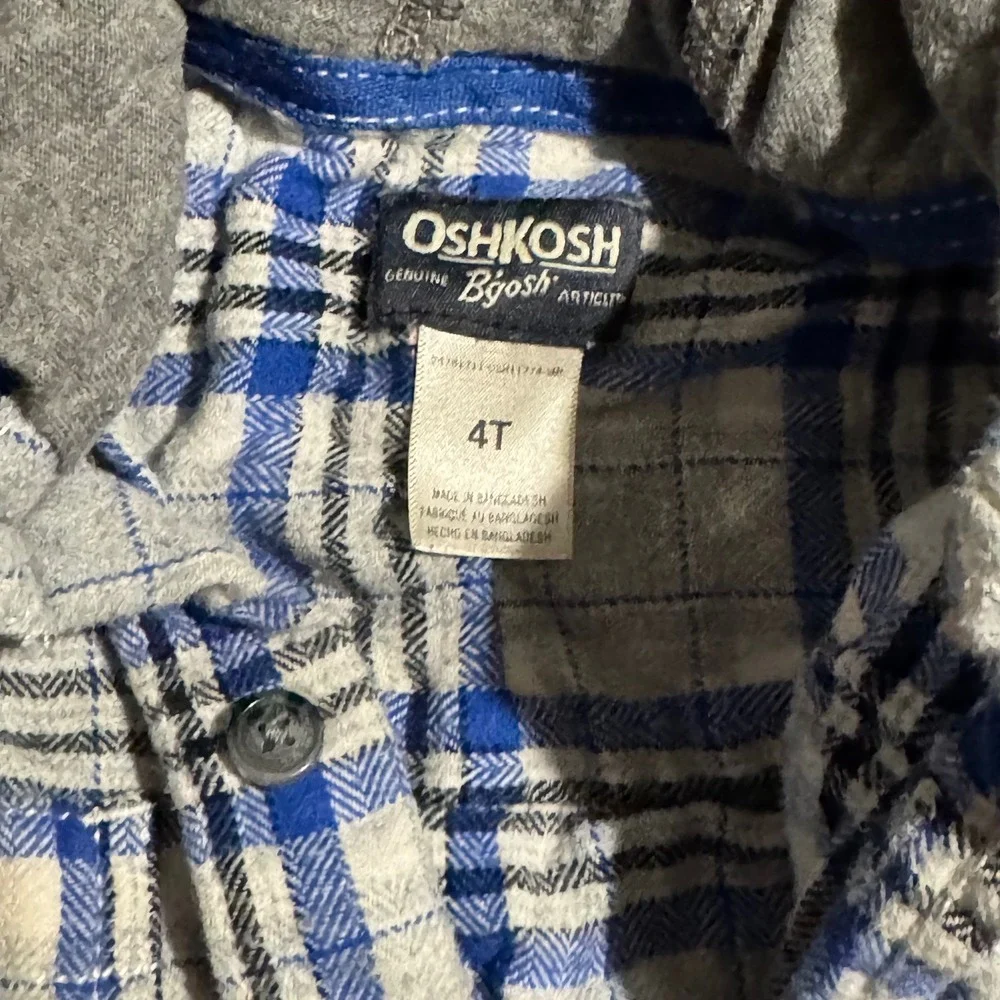 OshKosh B'gosh Boy Plaid Flannel Shirt Hoodie 4T Blue Gray Long Sleeve Button Up